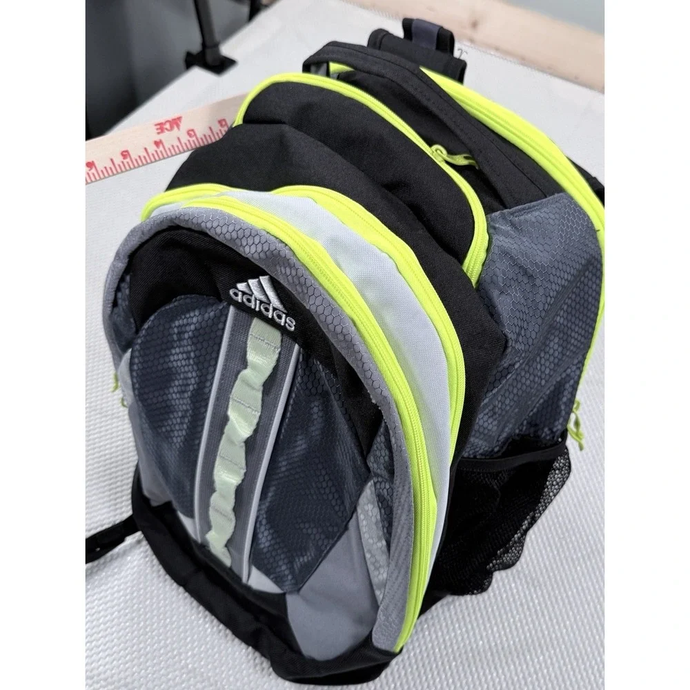 Adidas Loadspring Backpack Black Gray Neon Green Multi Pocket Book Bag